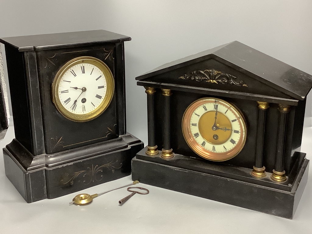 Two French black slate mantel clocks, tallest 27cm